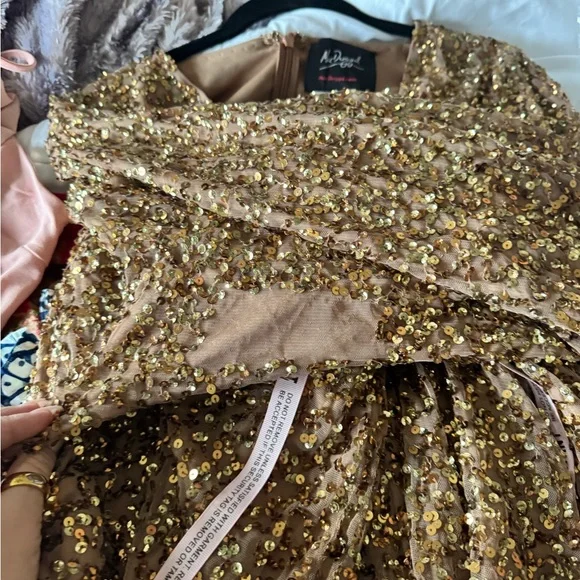 Mac Duggal Gold Sequined Long Sleeve V-Neck Gown - Picture 9 of 10